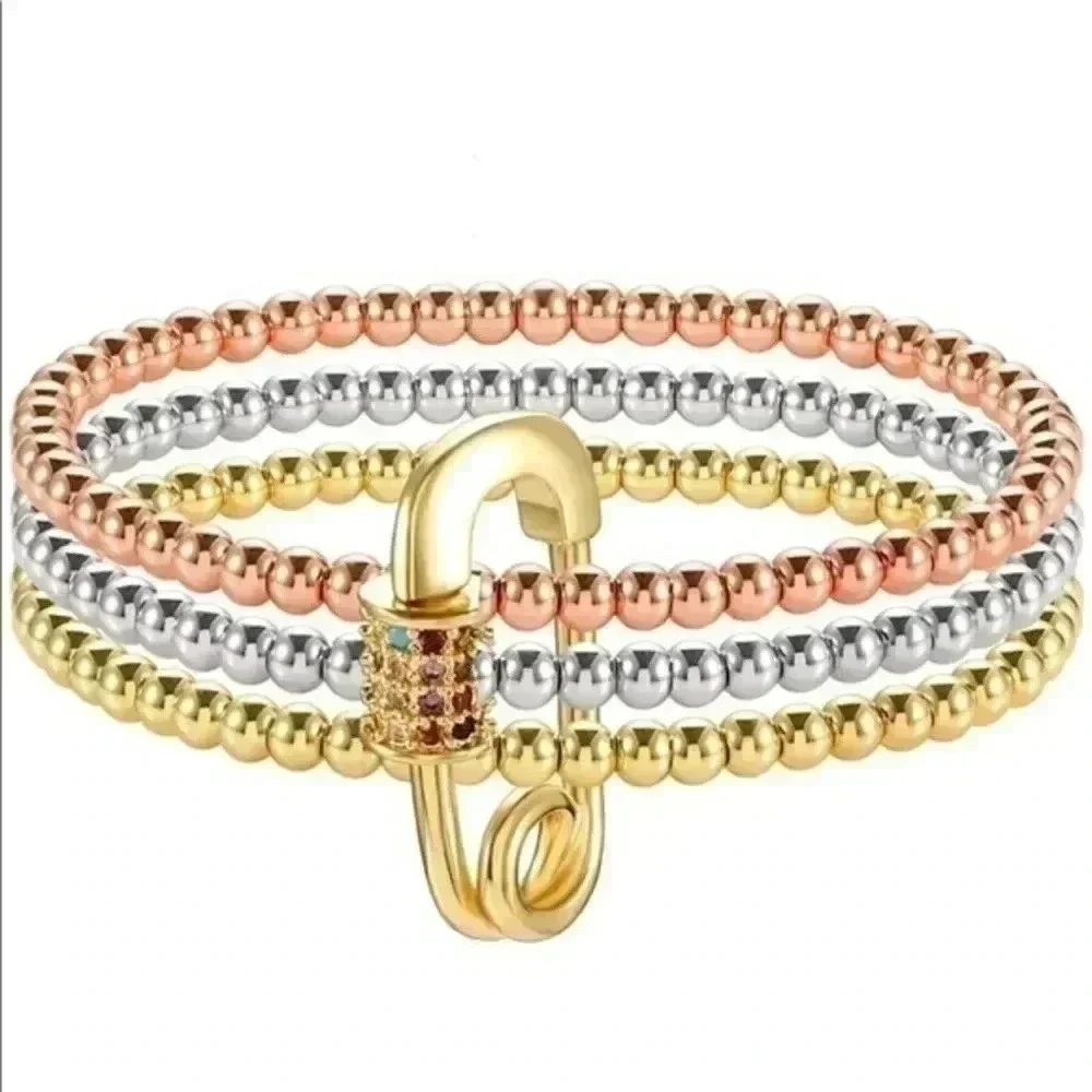 Pretty 3 Tone Beaded Stretch Bracelets Safety Pin Charm NWT